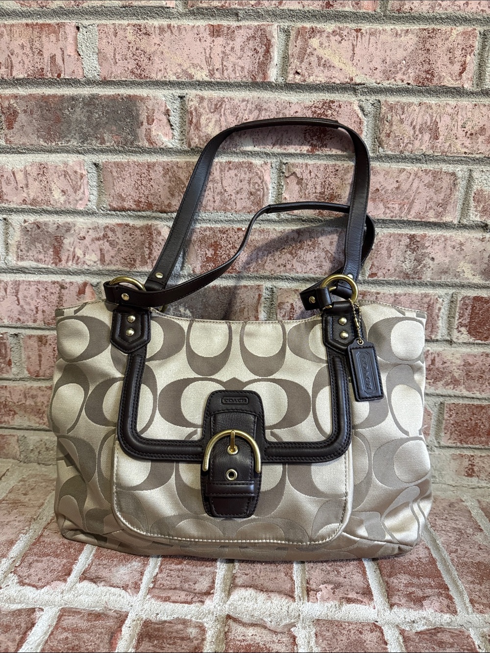 Coach Campbell 25294 Beige Signature Canvas Shoulder Bag with Dark Brown Trim